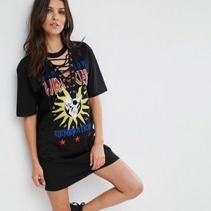ASOS Band Tee Shirt Dress with Lace Up Plunge Neck